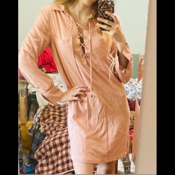 Lulu’s Mauve Pink Lace Up Long Sleeve Shirt Dress - Picture 1 of 4